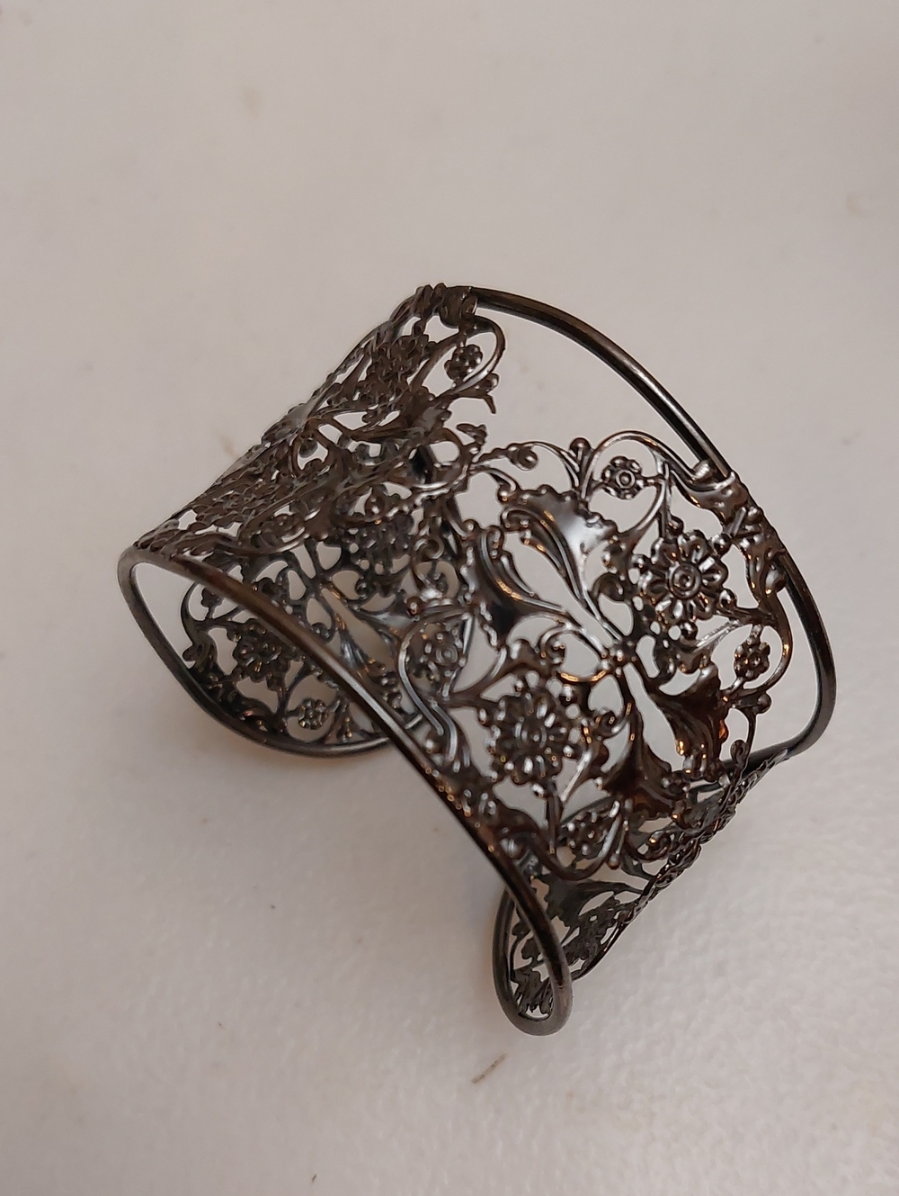Gunmetal Tone Intricate Ornate Floral Cutout Design Wide Cuff Bracelet